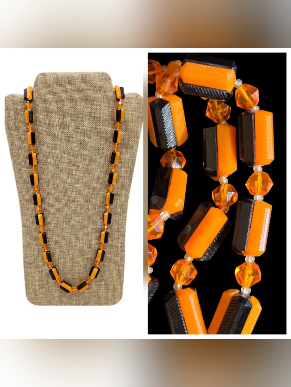 VTG West Germany Necklace Lucite Beads Orange Black Art Deco Retro Style 28in